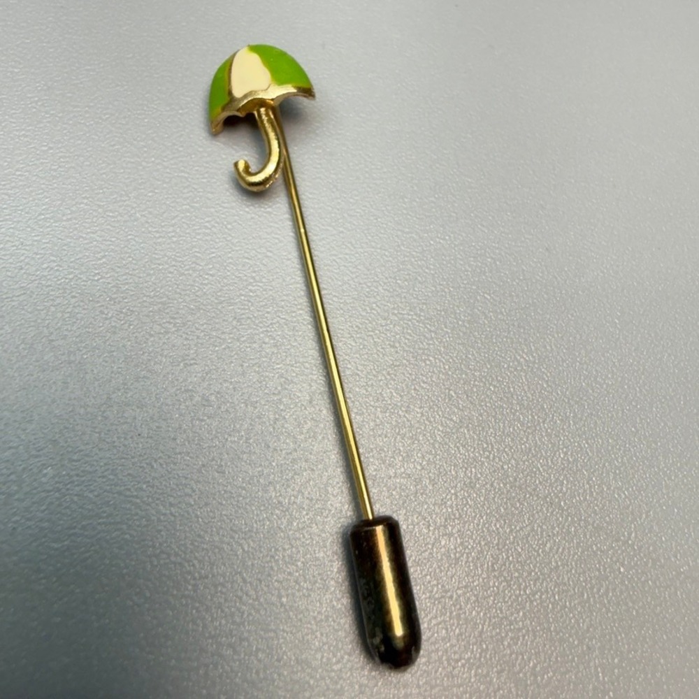 Vintage‎ Enamel Umbrella Gold Tone Stick Pin Green White Cute Summer Spring